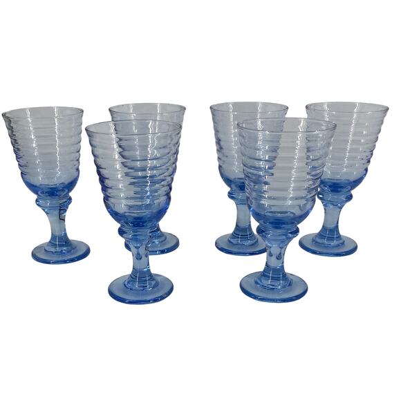 Libbey Other - Set 6 Vintage Libbey Blue Sirrus Water Wine Goblets Glasses Beehive Banded 1N